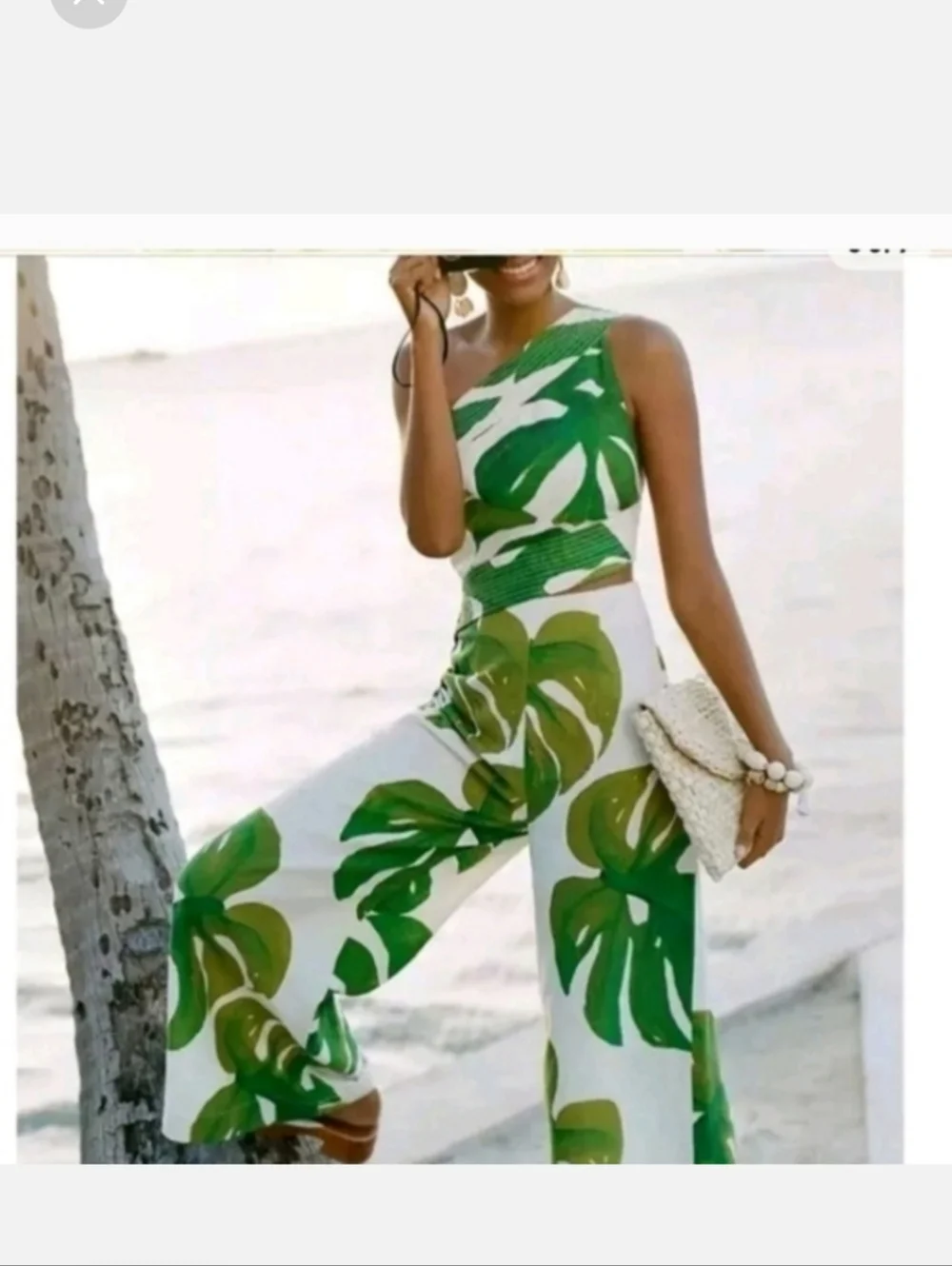 FARM Rio Green Tropical-Print One-Shoulder Jumpsuit